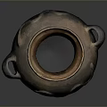 Handcrafted Clay Pot Sculpture With Wavy Carvings And Two Handles Brown Surface Texture