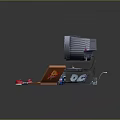 Vintage Laptop Setup With Retro TV Radio Game Controller Pizza And Sneakers On Circular Rug