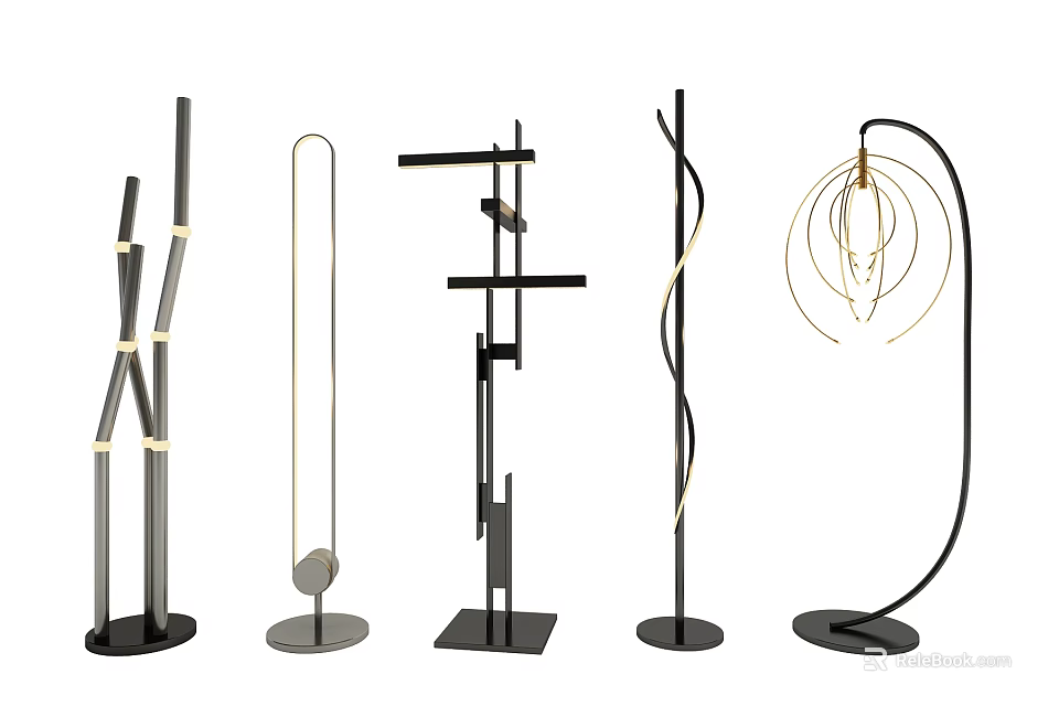 Five Different Design Floor Lamps With Geometric Curved Shapes And Black Bases Gold Accents 3d model 