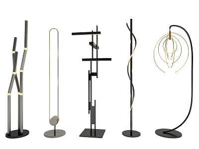 Five Different Design Floor Lamps With Geometric Curved Shapes And Black Bases Gold Accents 3d model