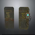 Rusty Metal Doors With RESIST Sign Yellow Symbol Green Button And Wires