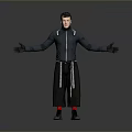 Male in Black Hooded Jacket With Gloves Standing Arms Outstretched Gray Background