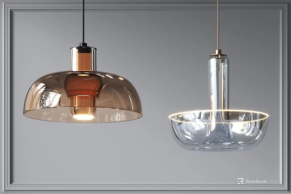 Stylish Modern Pendant Lights With Copper Glass Dome And Transparent Bowl Design 3d model 