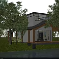 Modern Wooden House With Open Porch Large Glass Windows And Green Grass Surrounded By Trees