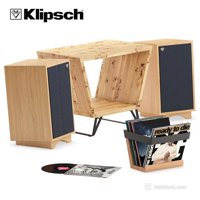 Natural Wooden Speakers With Vinyl Record Storage Shelf And Audio System 3d model 
