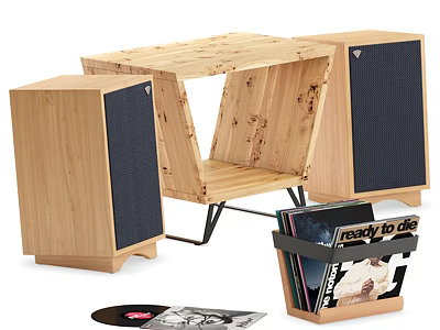 Natural Wooden Speakers With Vinyl Record Storage Shelf And Audio System 3d model
