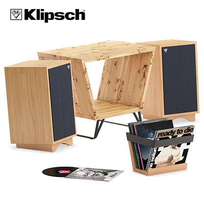 Natural Wooden Speakers With Vinyl Record Storage Shelf And Audio System 3d model