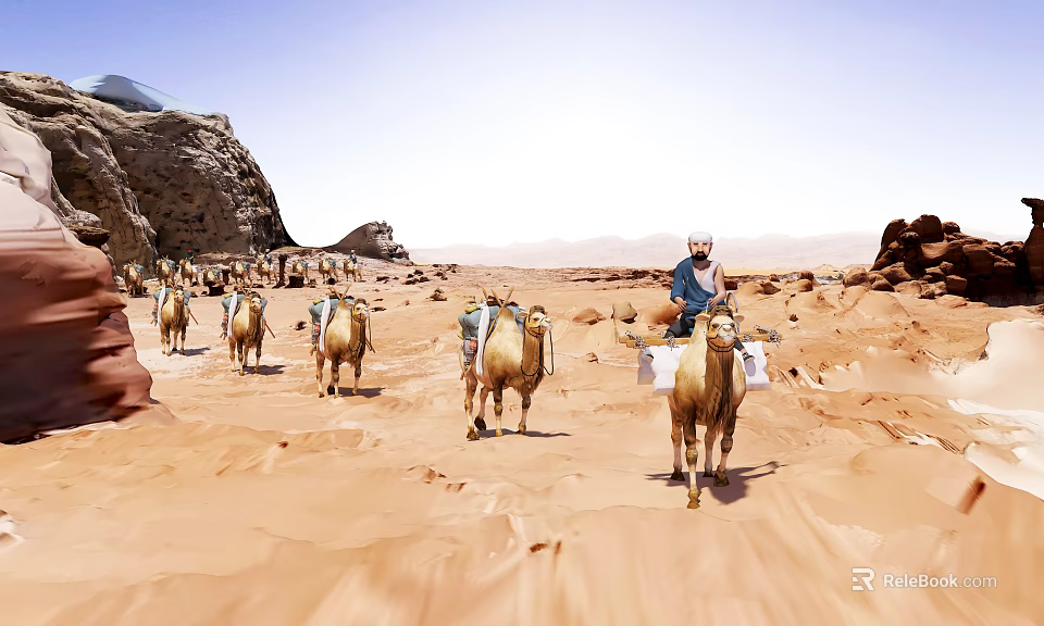 Desert Camel Caravan With Turbaned Guide Walking Through Sandy Dunes And Arid Terrain 3d model 