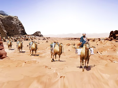 Desert Camel Caravan With Turbaned Guide Walking Through Sandy Dunes And Arid Terrain 3d model
