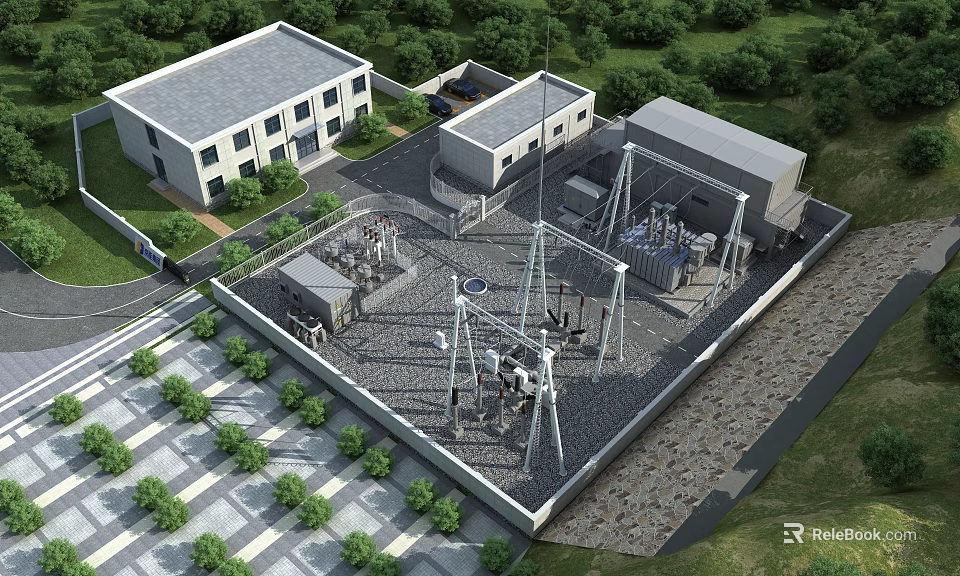 Industrial Plant Facility With Substation Transformers Landscaped Greenery And Surrounding Trees 3d model 