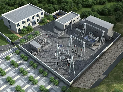 Industrial Plant Facility With Substation Transformers Landscaped Greenery And Surrounding Trees 3d model