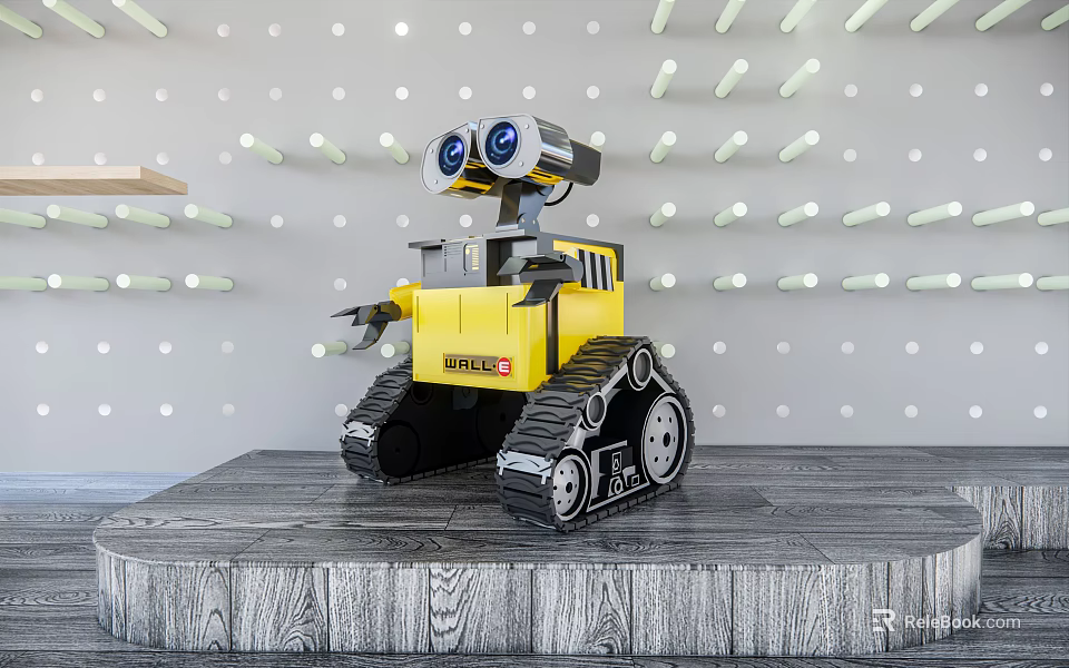 Electric Toy Yellow Robot With Blue Eyes Caterpillar Tracks On Wooden Platform With Wall Lights 3d model 
