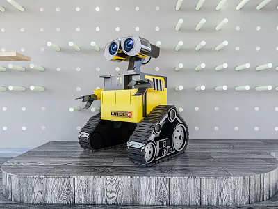 Electric Toy Yellow Robot With Blue Eyes Caterpillar Tracks On Wooden Platform With Wall Lights 3d model