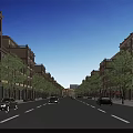 Vibrant Commercial Street With Lined Buildings Trees Pedestrians And Vehicles