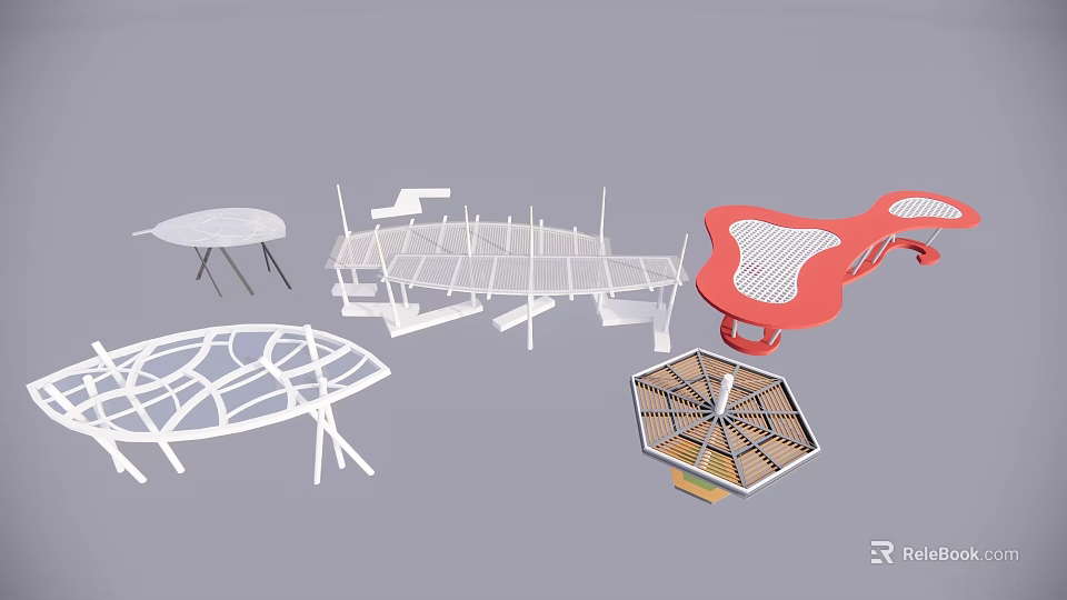 Modern Decorative Structures With White Red Geometric Patterns And Hexagonal Shapes 3d model