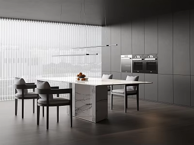 Modern Dining Table Set with White Marble Countertop Grey Chairs and Hanging Lights in Modern Kitchen 3d model