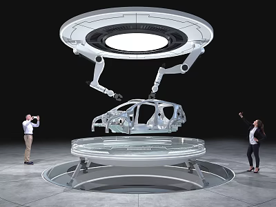 Advanced Intelligent Robotic Arms Handling Car Frame On Circular Display Platform 3d model