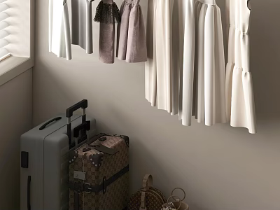 Clothes Hanging On Hangers With Suitcases And Handbags In Closet Area 3d model