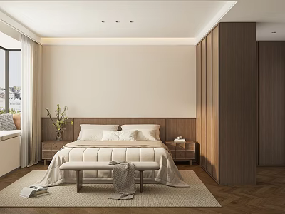 Modern Bedroom Interior With Beige Walls Wooden Nightstands King Bed And Soft Rug 3d model