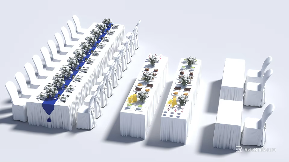 Dining Table Set With Long Square Tables White Tablecloths Chairs Blue Decorations And Floral Arrangements 3d model 