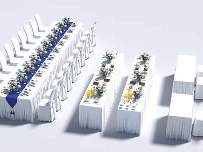 Dining Table Set With Long Square Tables White Tablecloths Chairs Blue Decorations And Floral Arrangements 3d model