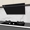 Modern Kitchen With Black Range Hood Stove Top Marble Backsplash And Cabinets 3d model