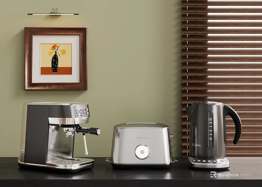 Sleek Kitchen Counter With Modern Coffee Machine Toaster And Kettle Appliances 3d model 