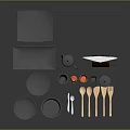 Modern Gray Ceramic Dinnerware Set with Wooden Spoons Forks Bowls Plates and Orange Cups