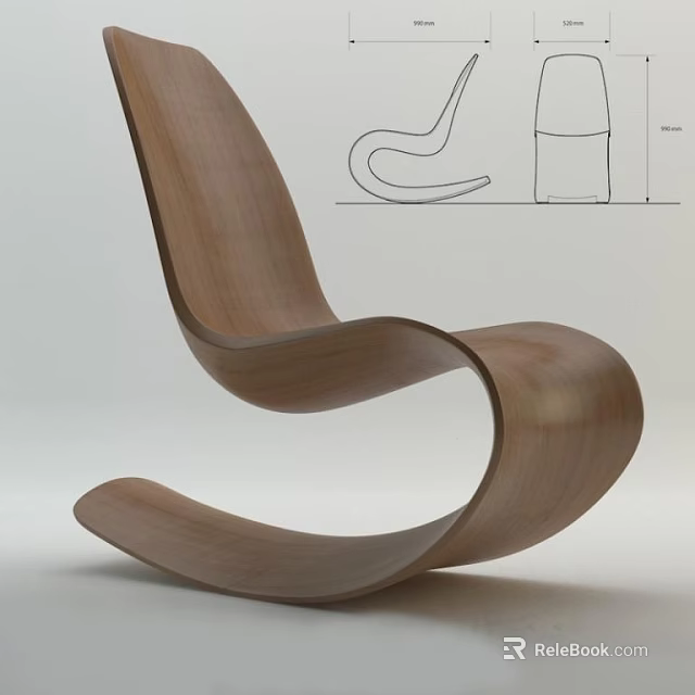 Modern Wooden Single Chair with Curved Design and Sleek Smooth Lines 3d model 