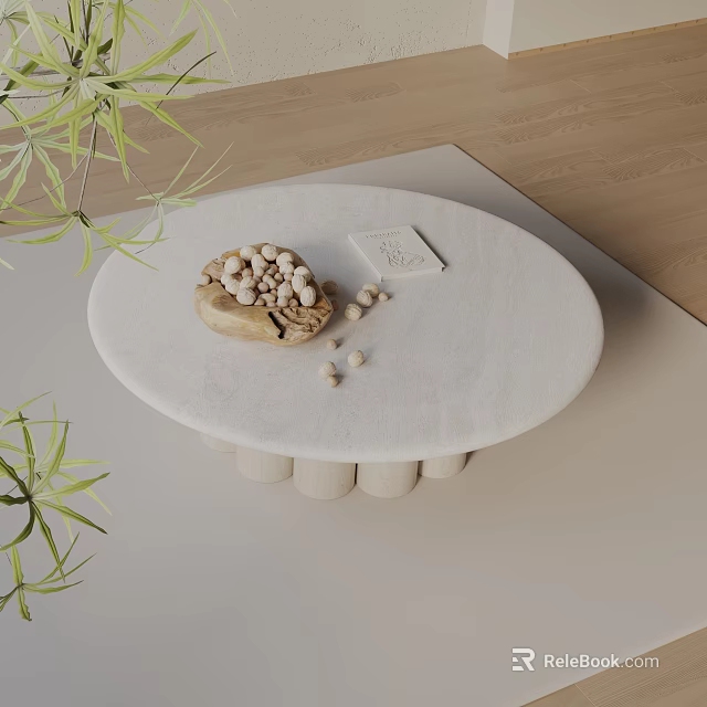 Modern Sofa and White Oval Coffee Table Set with Wooden Tray Balls and Green Plants 3d model 