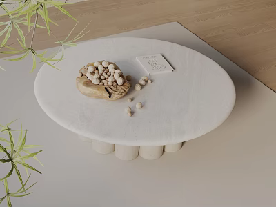 Modern Sofa and White Oval Coffee Table Set with Wooden Tray Balls and Green Plants 3d model