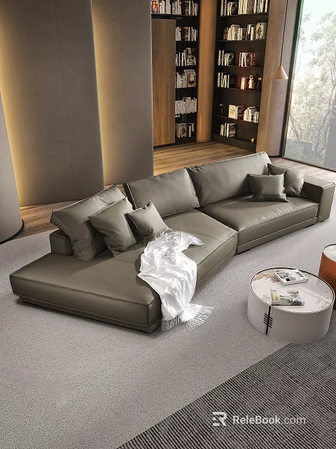 Modern Living Room With Asymmetric Leather Sofa Pillows And Throw Blanket 3d model 