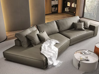 Modern Living Room With Asymmetric Leather Sofa Pillows And Throw Blanket 3d model