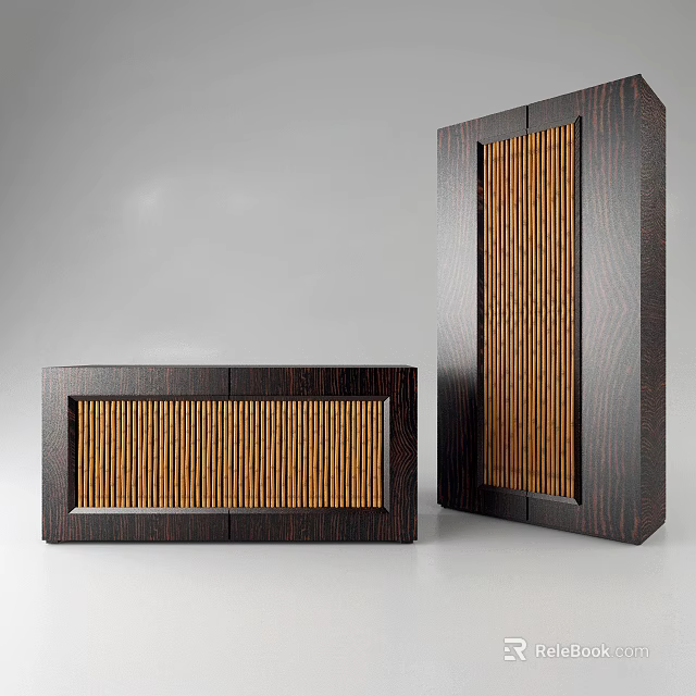 Elegant Modern Dark Wooden Entry Cabinet Side Cabinet With Vertical Slats 3d model 