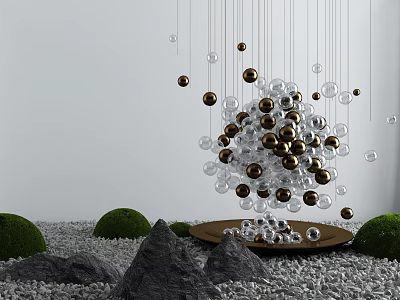 Garden Ornament With Hanging Clear And Gold Spheres Green Moss Gray Stones Pebbles On Tray 3d model