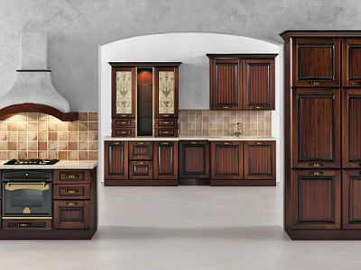 Modern Kitchen Interior Featuring Dark Wood Cabinets With Tile Backsplash And Appliances 3d model