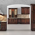 Modern Kitchen Interior Featuring Dark Wood Cabinets With Tile Backsplash And Appliances