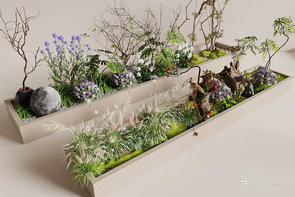 Natural Plant Combination With Green Grass Colorful Flowers Decorative Stones And Wooden Containers 3d model 
