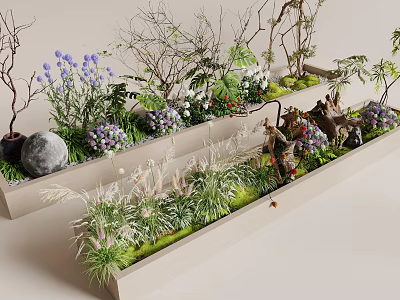 Natural Plant Combination With Green Grass Colorful Flowers Decorative Stones And Wooden Containers 3d model