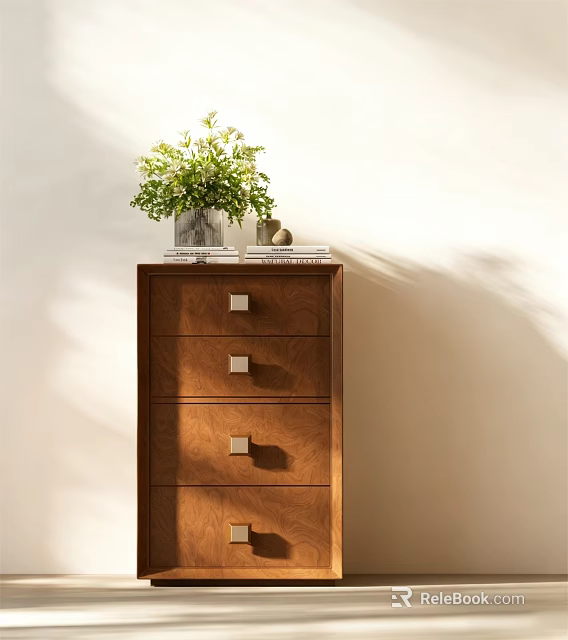 Modern Wooden Chest of Drawers Interior With Metal Handles Green Plant and Books 3d model 
