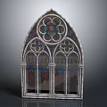 Gothic Entrance Gate With Ornate Stained Glass Windows And Pointed Arch Design