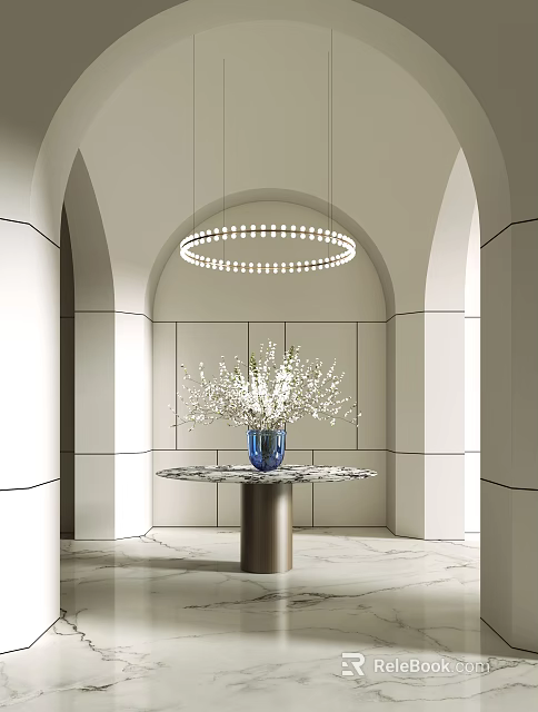 Modern Entryway Hallway With Circular Pendant Light Arched Doorways Marble Table And Blue Flower Vase 3d model 