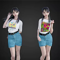 Two Women Wearing White T Shirts With Colorful Graphics And Blue Denim Skirts Making Gestures
