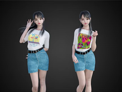 Two Women Wearing White T Shirts With Colorful Graphics And Blue Denim Skirts Making Gestures 3d model