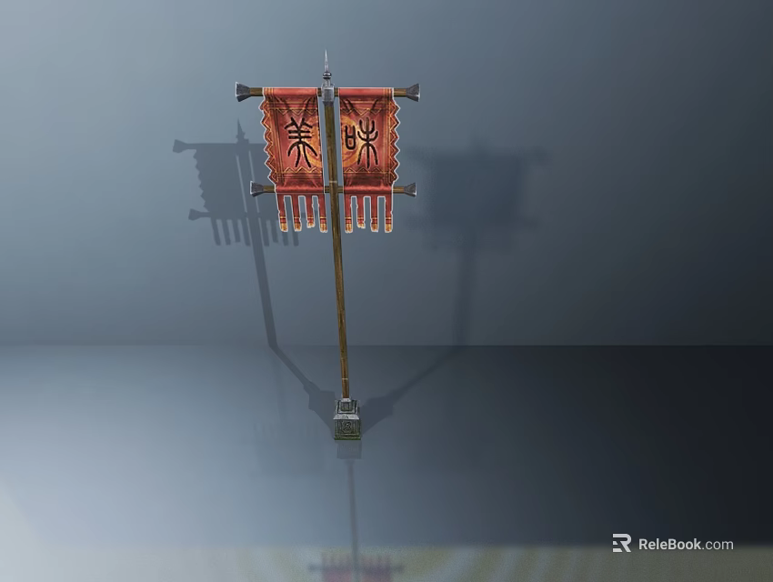Two Red National Flags with Patterns and Tassels on Wooden Pole against Gray Background 3d model 