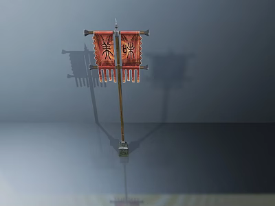 Two Red National Flags with Patterns and Tassels on Wooden Pole against Gray Background 3d model