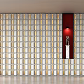 Modern Glass Partition Interior Design With Metal Frame LED Lighting And Decorative Sculpture