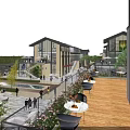 Modern Commercial Street With Glass Buildings Outdoor Seating And People