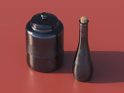 Dark Colored Decorative Ornament Set With Jar Bottle Lid And Cork On Red Surface 3d model