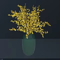 Yellow Flowers Arranged in Green Glass Vase on Dark Tabletop with Dark Background